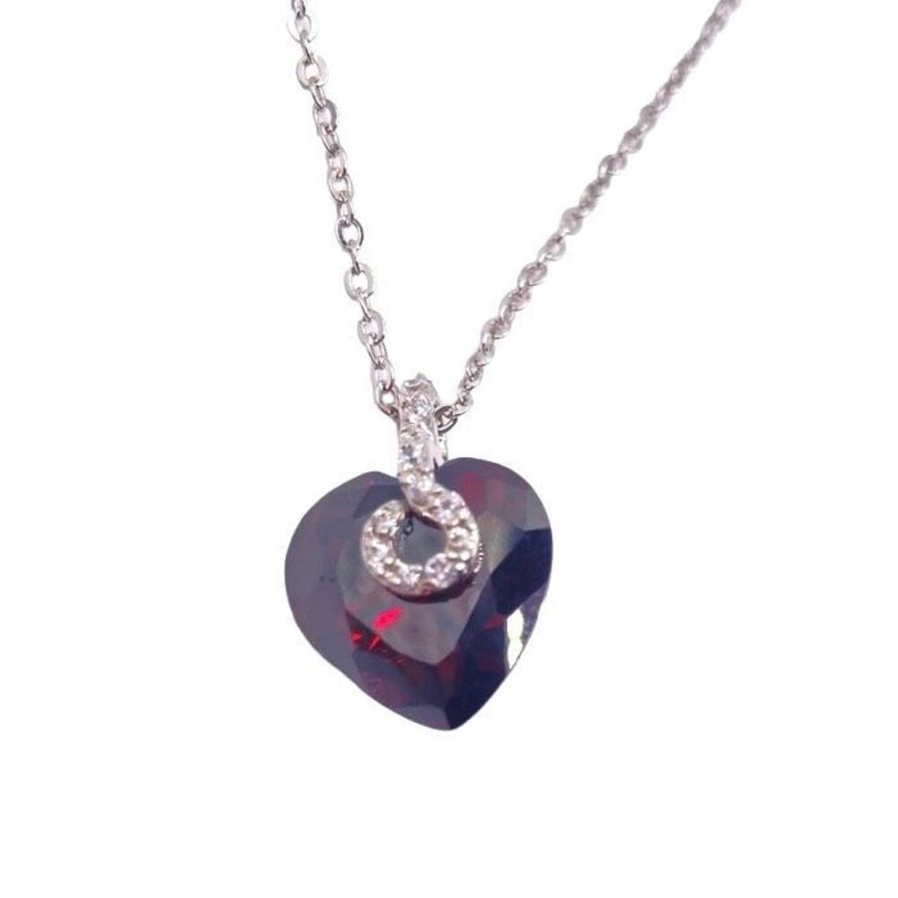 Silver Dainty Red Crystal Heart Pendant Necklace